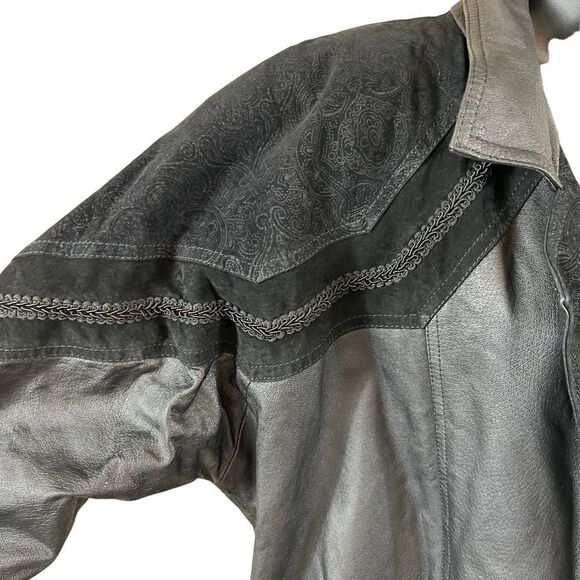 Vintage Greg Bell Leather 80’s Matrix Black Paisley Patchwork Long Trench Coat - Picture 4 of 16